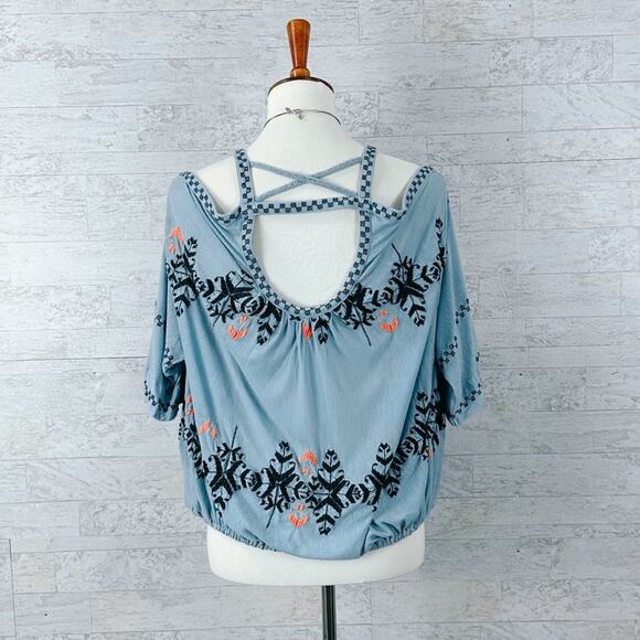 Free People New World Jersey blue cold shoulder embroidered peasant top - Picture 3 of 6